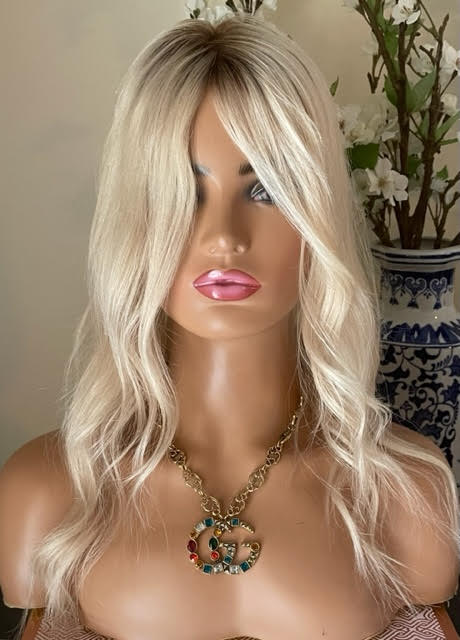 Full Volume Hair Topper - 12-18" European Luxury Layered Full Volume Hair Topper - Light Platinum Blonde & Brown Roots