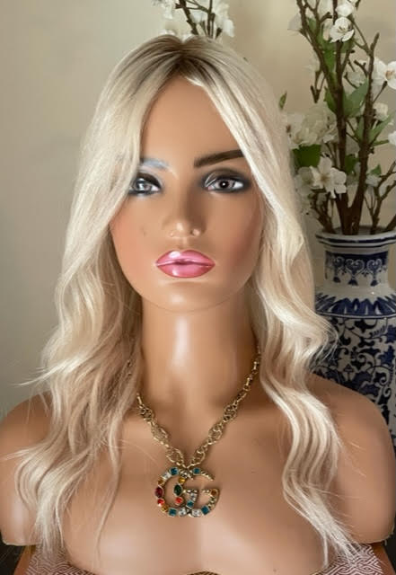 Full Volume Hair Topper - 12-18" European Luxury Layered Full Volume Hair Topper - Light Platinum Blonde & Brown Roots