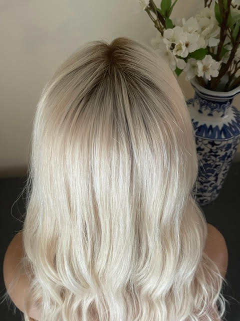 Full Volume Hair Topper - 12-18" European Luxury Layered Full Volume Hair Topper - Light Platinum Blonde & Brown Roots